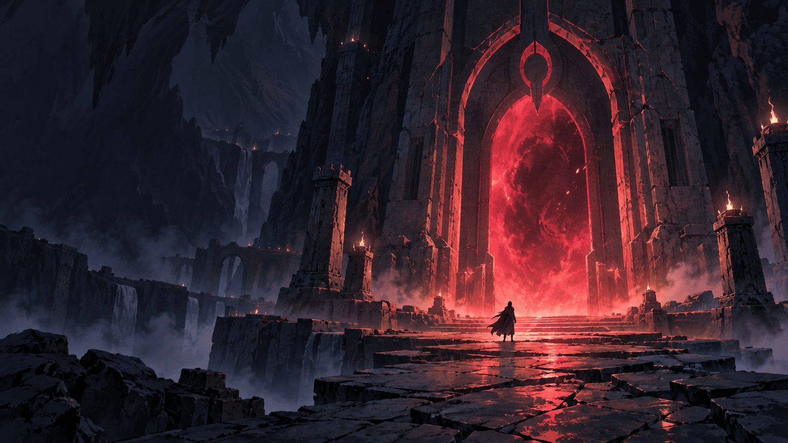 An original crimson portal and anime-inspired dungeon landscape.